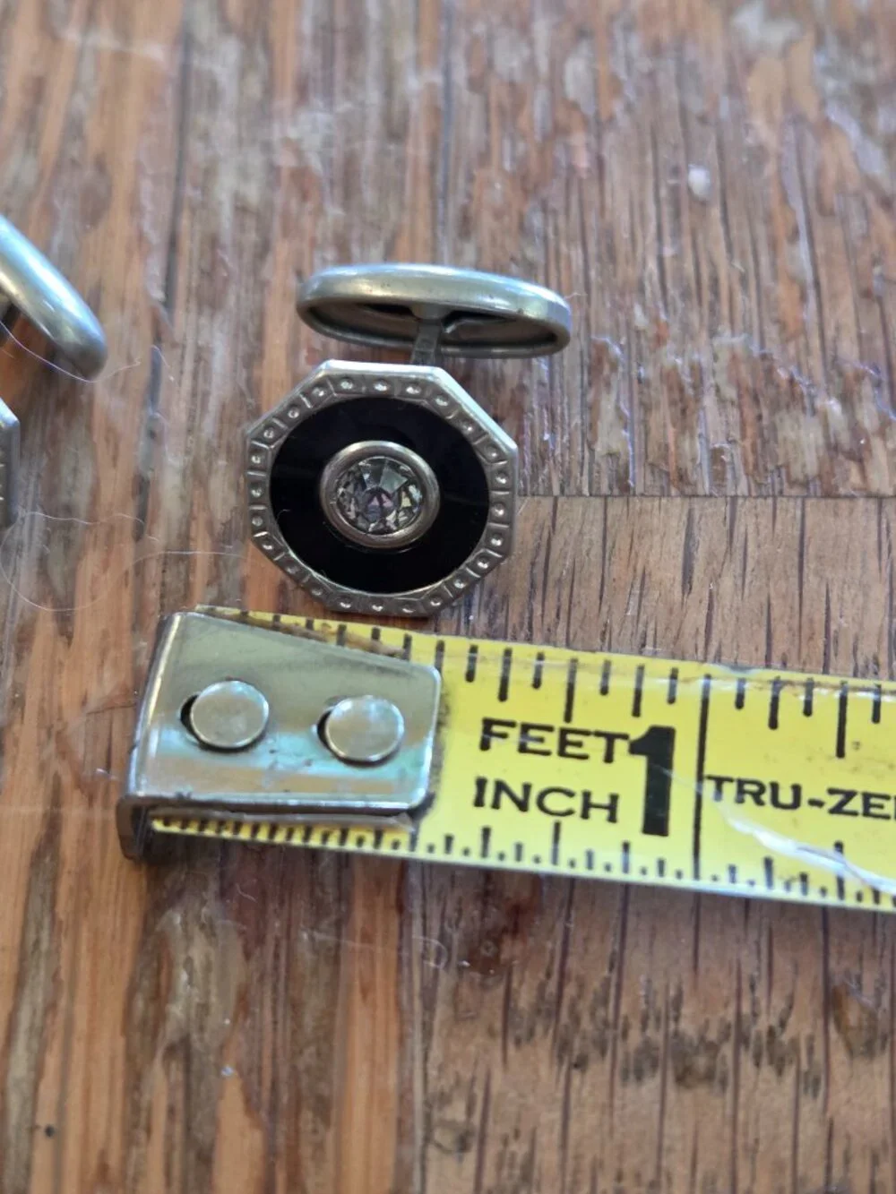 Vintage Art Deco Octagonal Cufflinks, Black with Sparking Rhinestone Center